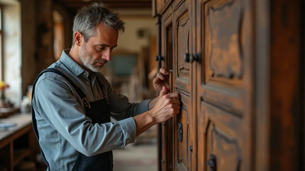Craftsman examining antique cabinet
