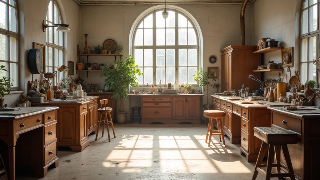 A craftsman's workshop filled with antique furniture and restoration tools.