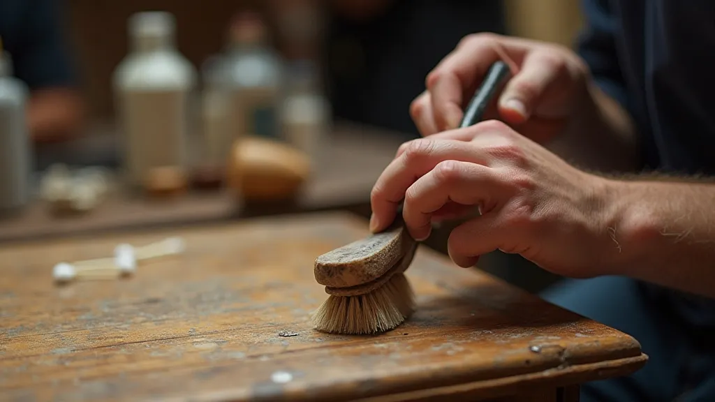 A close-up showing a furniture conservator carefully cleaning a table surface with gentle tools.