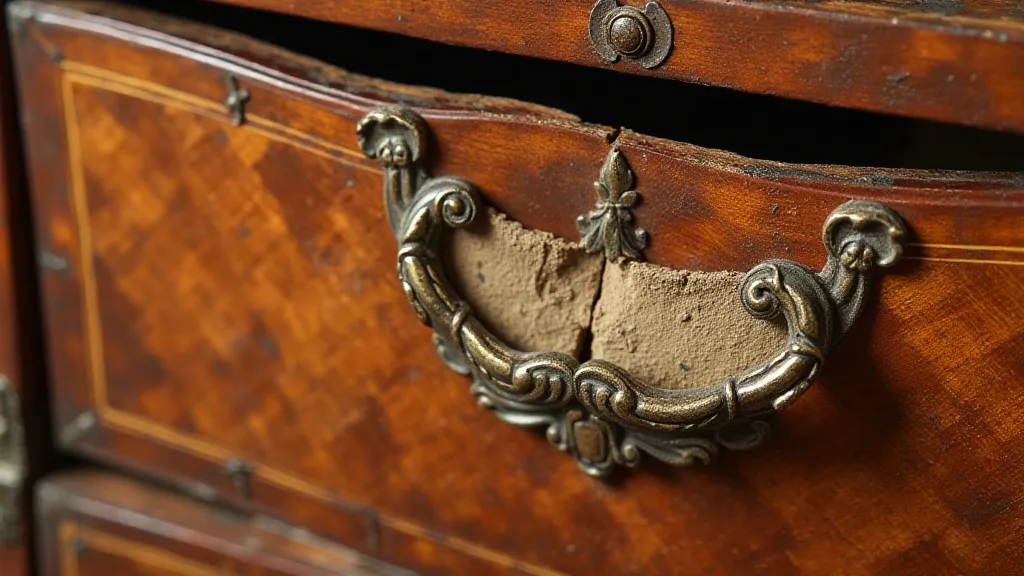 Damaged marquetry on antique furniture