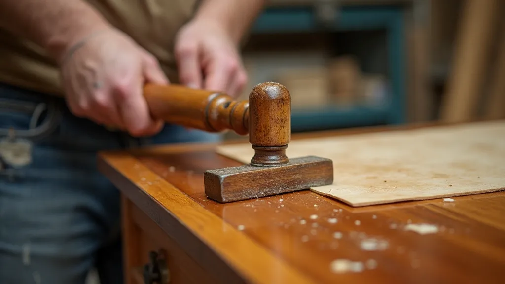 Craftsman using a veneer hammer to re-glue veneer