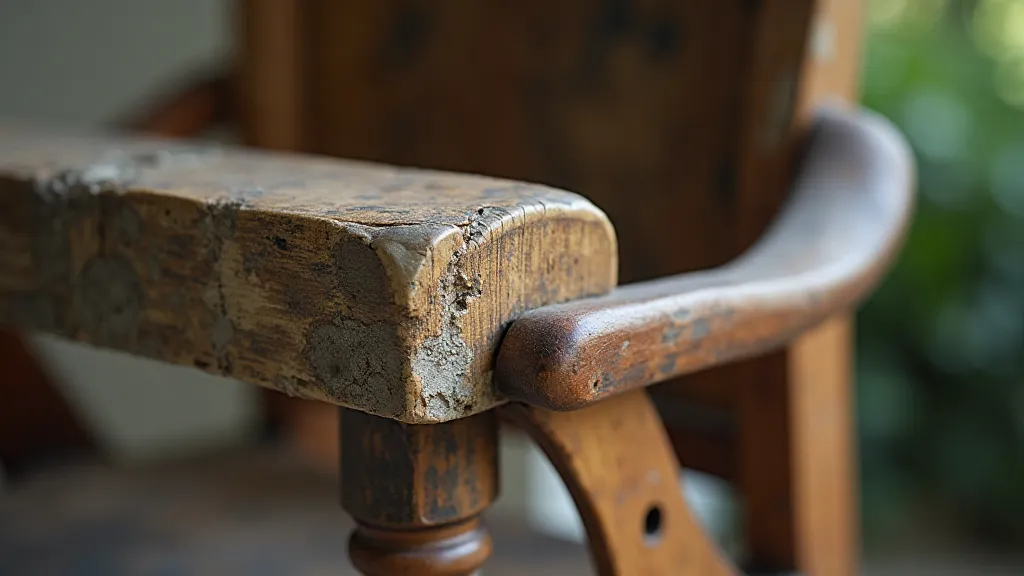 Antique chair with uneven discoloration due to sunlight exposure.