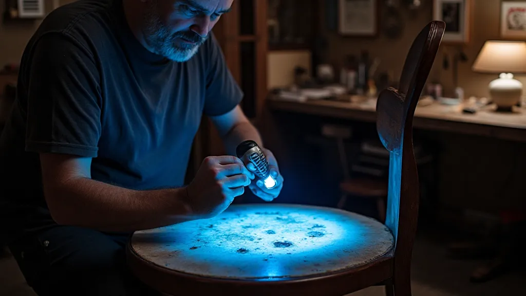 Restorer using UV lamp to examine a chair