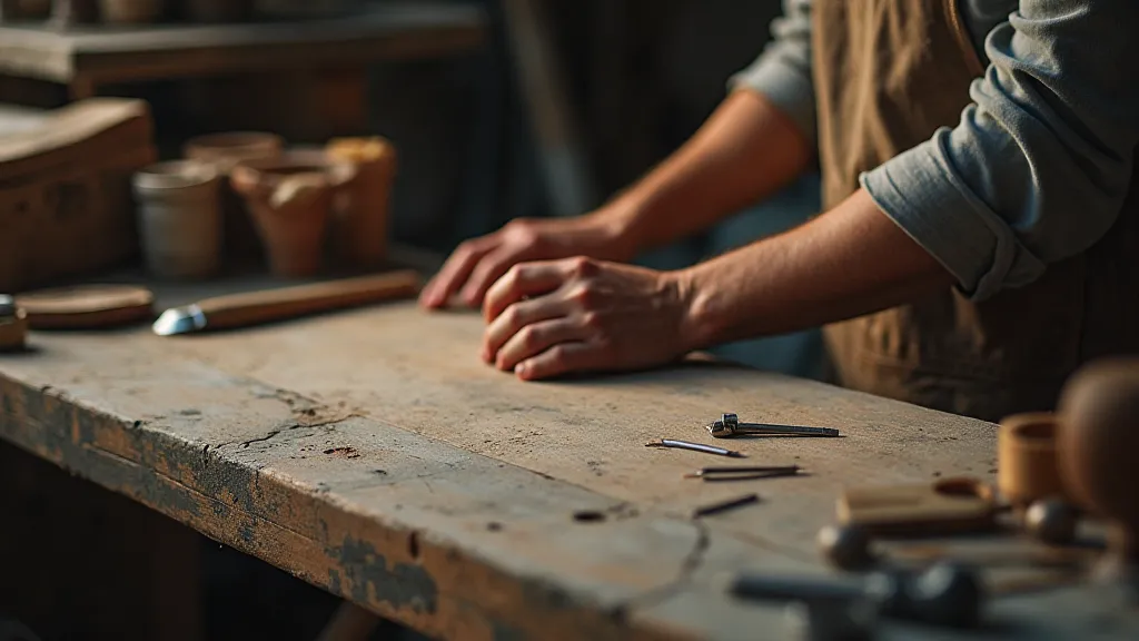 Craftsman contemplating antique furniture on workbench.